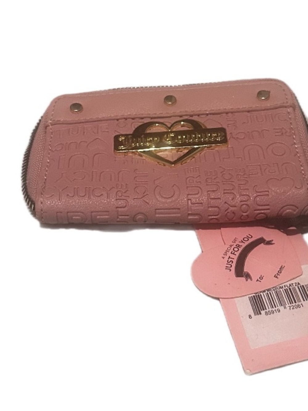 Juicy Couture Blush Pink Embossed Zip Card Case with Gold Heart Plaque